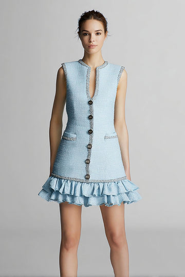 Tweed V-Neck Sky Blue Work Dress With Ruffles